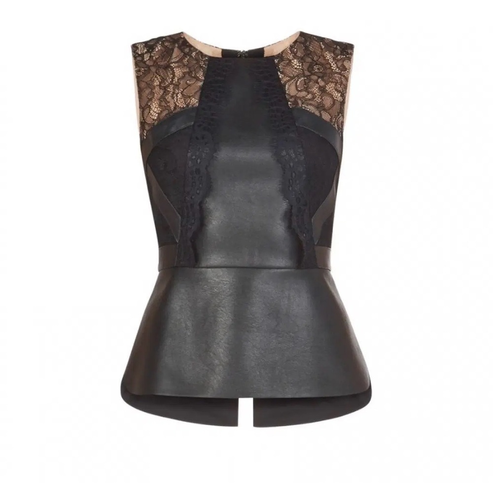 BCBGMaxAzria Black Leather-Look Peplum Top with Lace Yoke